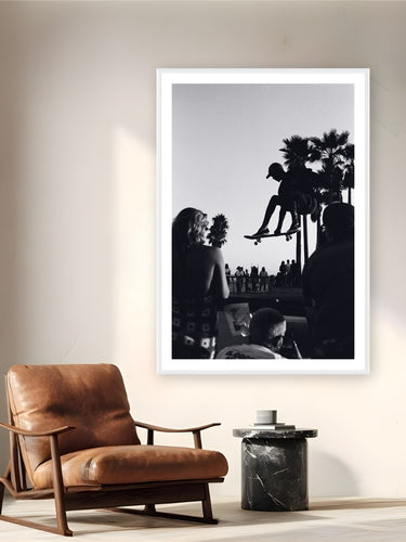 Flight Patterns by Adam Sherrett from Venice Beach, CA - white frame fine art photography displayed in a reading nook setting