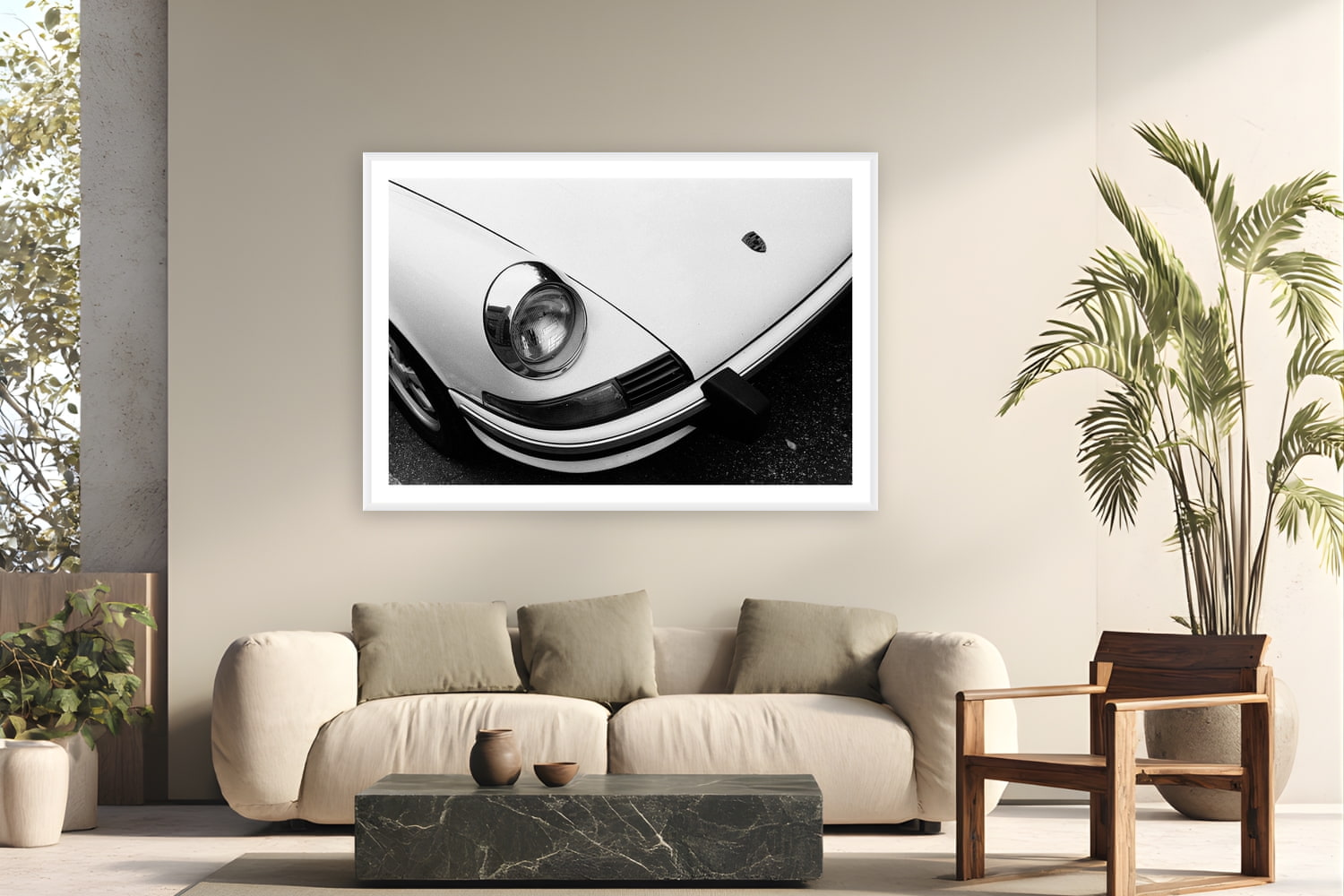 Metal print of Porsche Curves by Adam Sherrett, Venice Beach, California, displayed on a modern living room wall — a classic air-cooled 911 on a Venice Beach street — even parked, it looks fast.