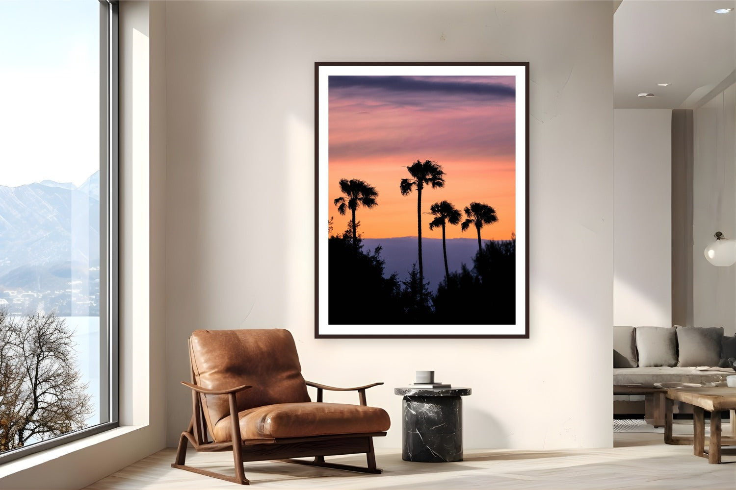 Four Palms by Alex Wood from Santa Monica, California - framed black frame fine art photography displayed in a reading nook setting