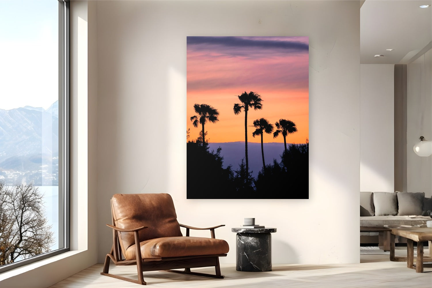 Four Palms by Alex Wood from Santa Monica, California - metal print fine art photography displayed in a reading nook setting