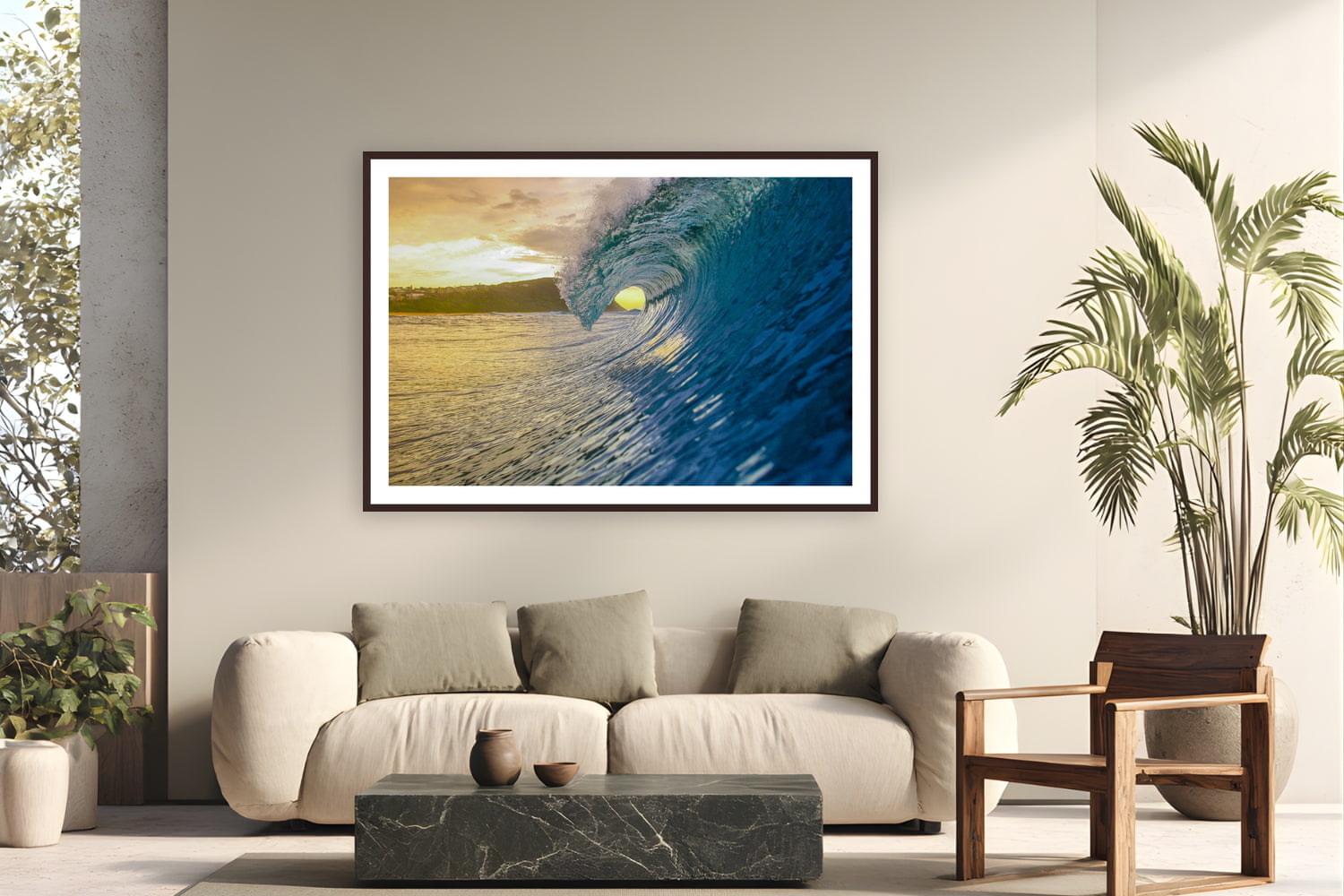 Black wood frame fine art print of Golden Hour Glass by Ben Gamlin, Central Coast, NSW, Australia, displayed on a modern living room wall — a sunrise barrel on the Central Coast, shot from inside the lineup.