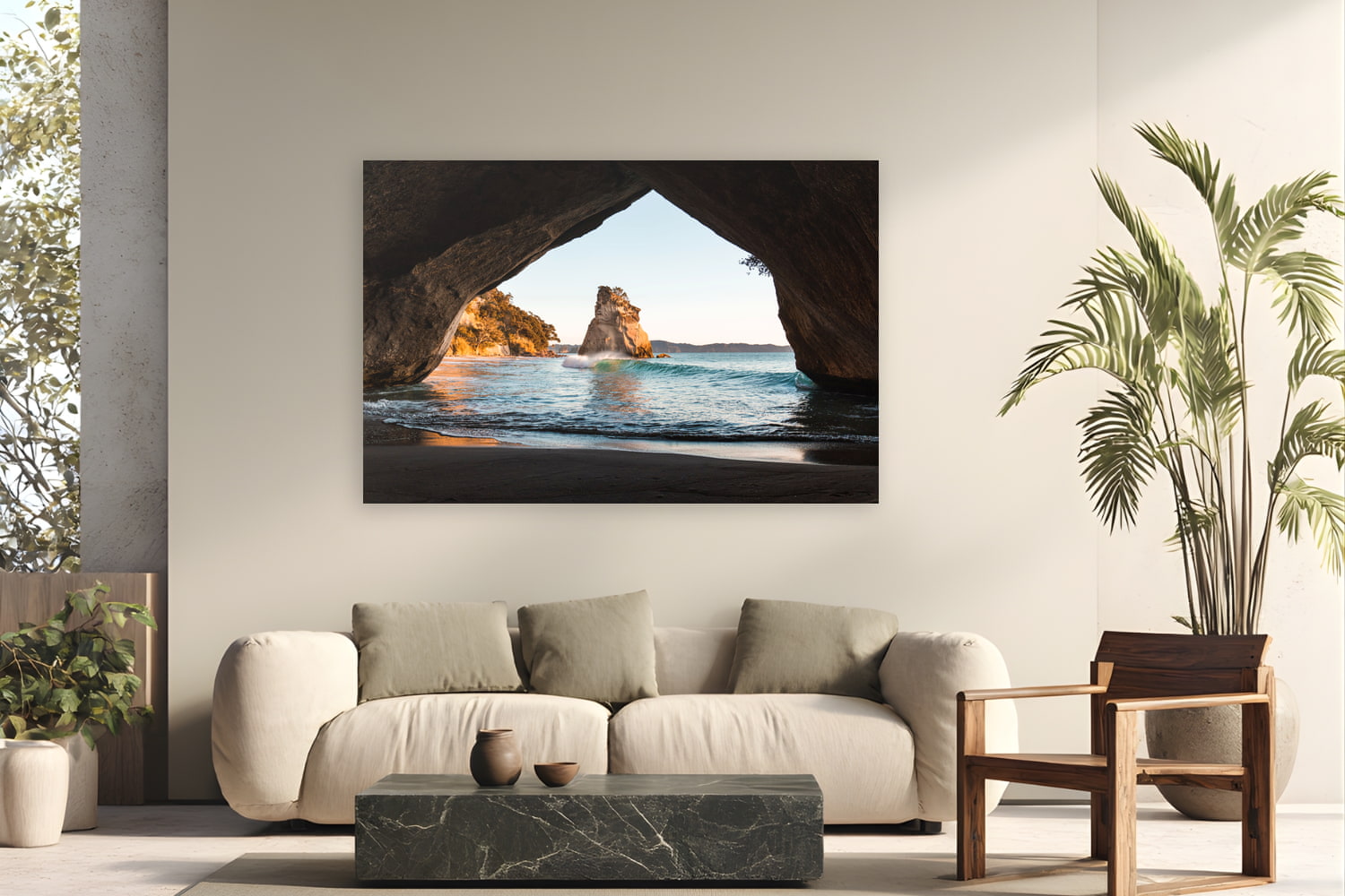 Metal print of The Arch by Ben Gamlin, Cathedral Cove, Coromandel Peninsula, New Zealand, displayed on a modern living room wall — cathedral Cove at first light, framed through its namesake arch.