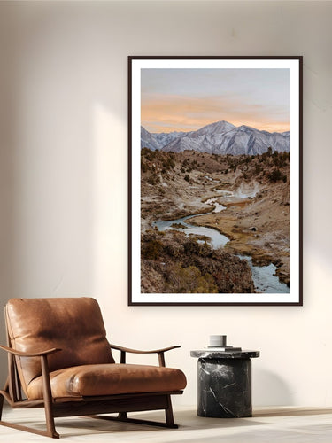Hot Springs Sunset by Bree Banning from Mammoth Lakes, California - framed black frame fine art photography displayed in a reading nook setting