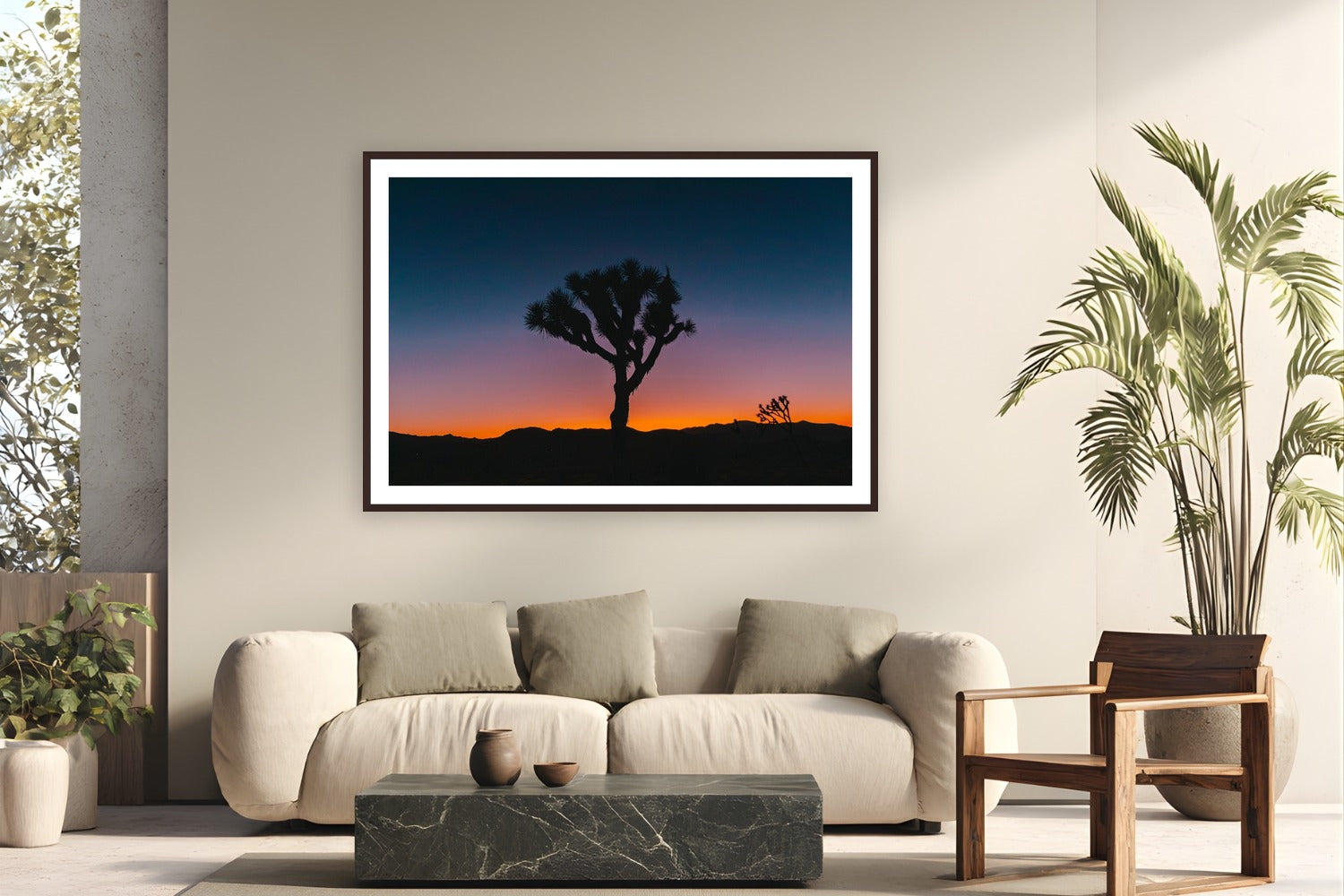 Psychedelic Joshua Tree by Bree Banning from Joshua Tree, California - framed black frame fine art photography displayed in a modern living room setting