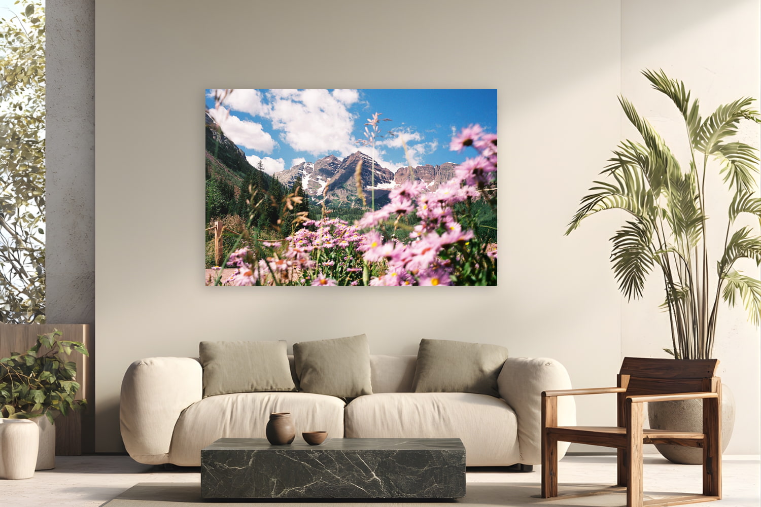 Metal print of Maroon Bells by Brooklyn Phillips, Aspen, Colorado, displayed on a modern living room wall — maroon Bells — twin fourteeners stained red by hematite in the mudstone, ten miles west of Aspen.