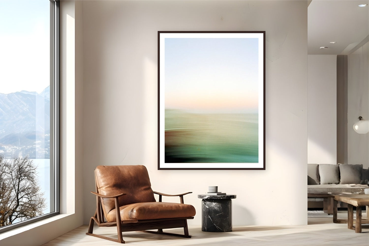 Abstract Pacific by Devon Cardamone from Malibu, California - framed black frame fine art photography displayed in a reading nook setting