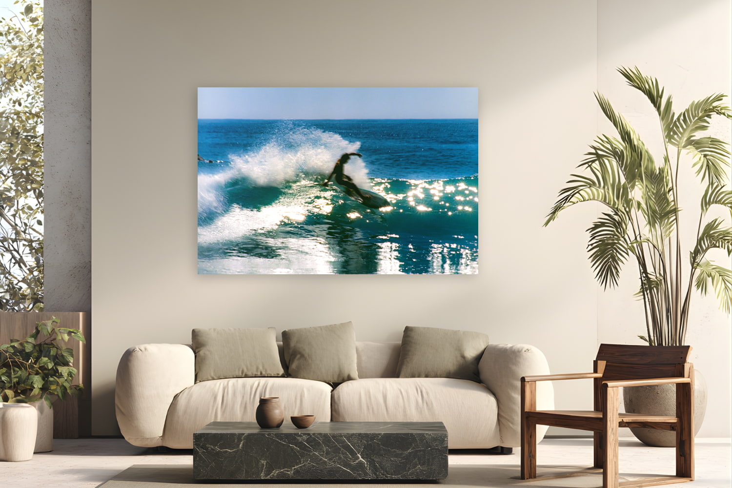 Metal print of Backlit Slide by Devon Cardamone, Malibu, California, displayed on a modern living room wall — late-afternoon Malibu, when the sun drops behind the lineup and punches straight through each wave as it feathers.