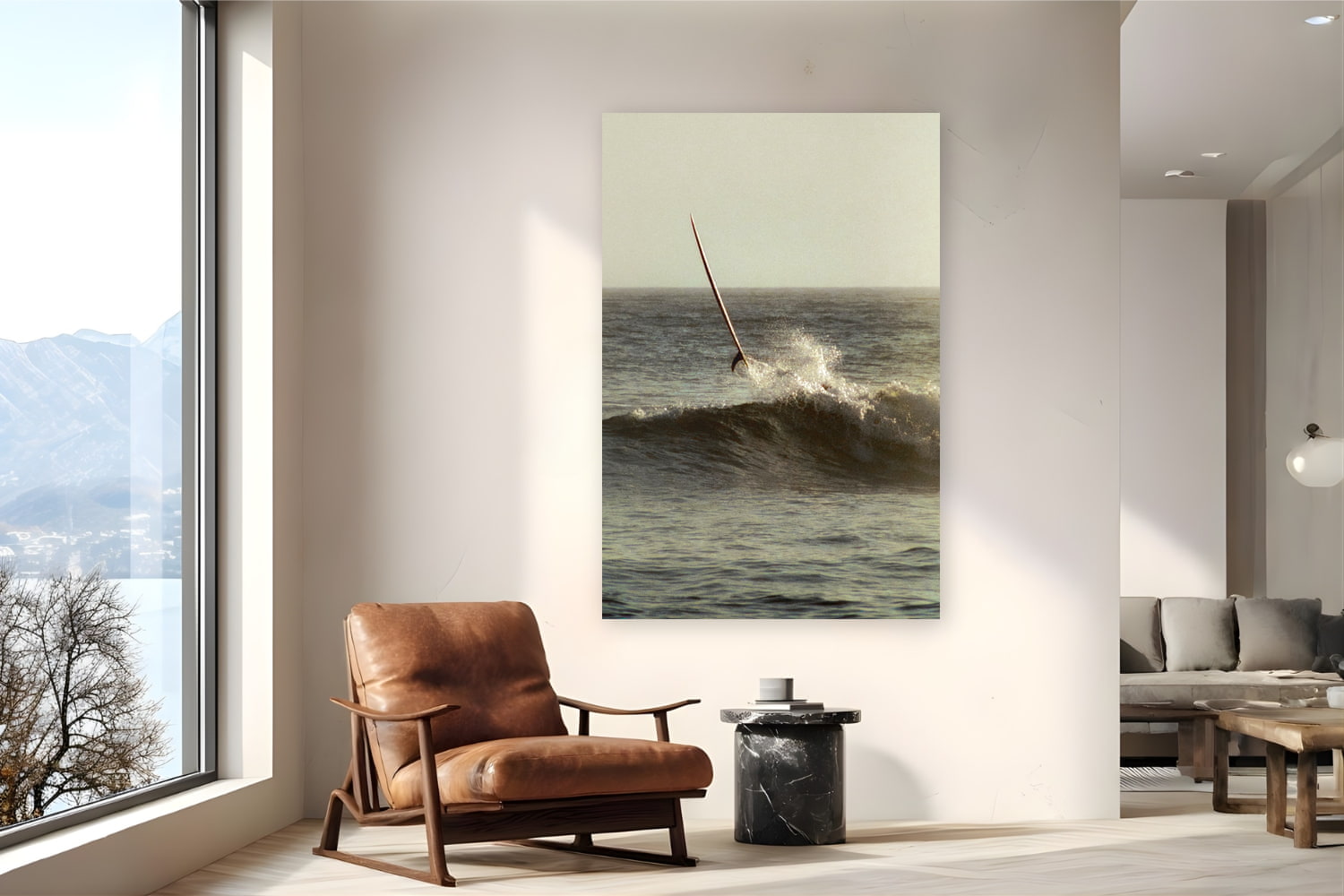 Metal print of Ghost Rider by Devon Cardamone, San Onofre, CA, displayed on a reading nook wall — a longboard launches skyward at San Onofre — the cobblestone break where Southern California surf culture took root in the 1930s.