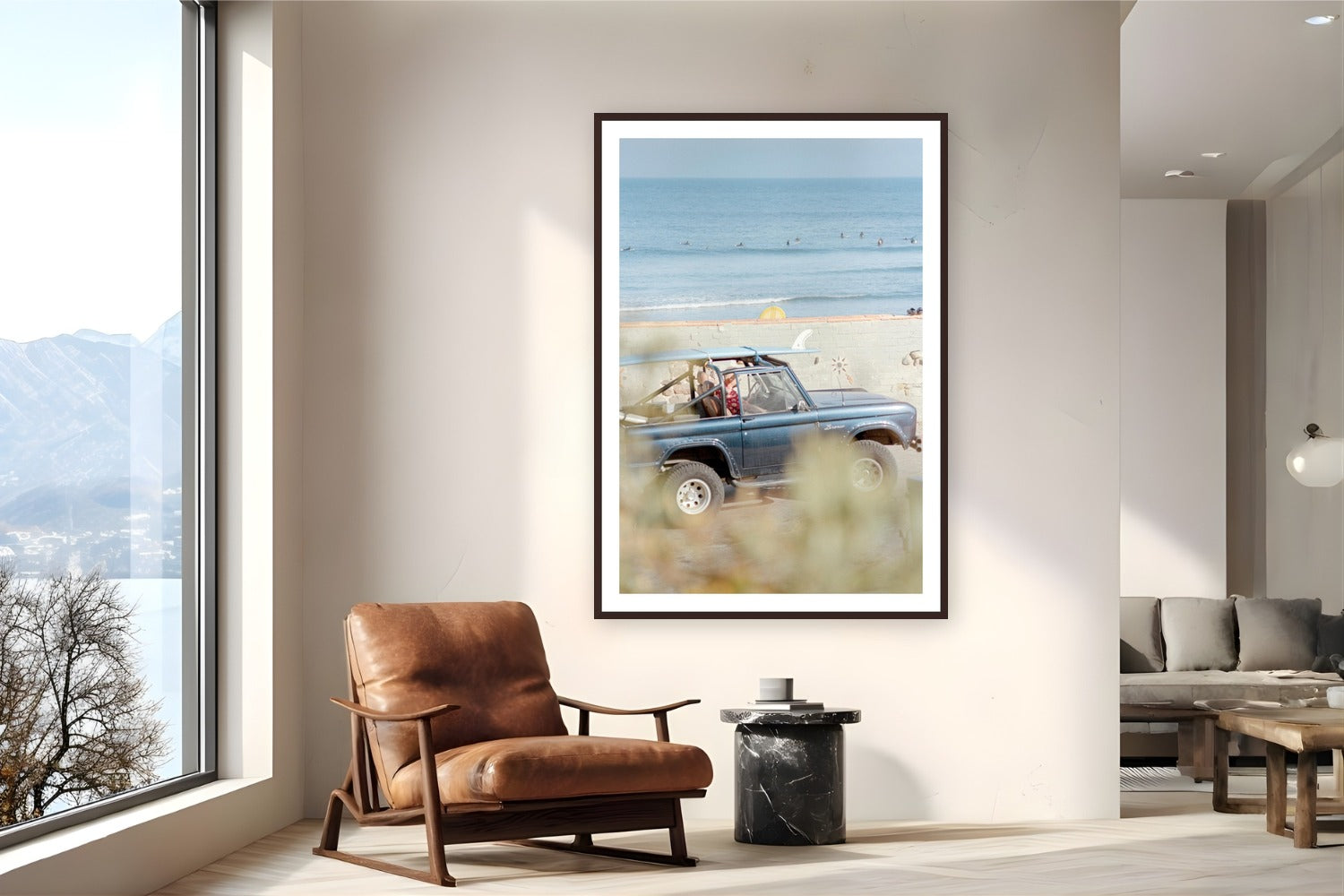 Malibu Bronco by Devon Cardamone from Malibu, California - framed black frame fine art photography displayed in a reading nook setting