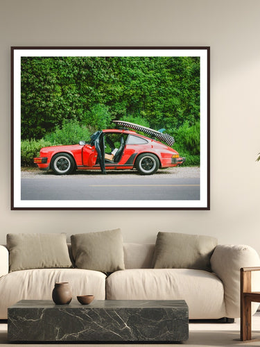 Surf Wagon by Devon Cardamone from Malibu, California - framed black frame fine art photography displayed in a modern living room setting