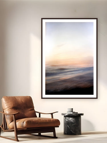 Venice Sunset by Devon Cardamone from Venice Beach, California - framed black frame fine art photography displayed in a reading nook setting