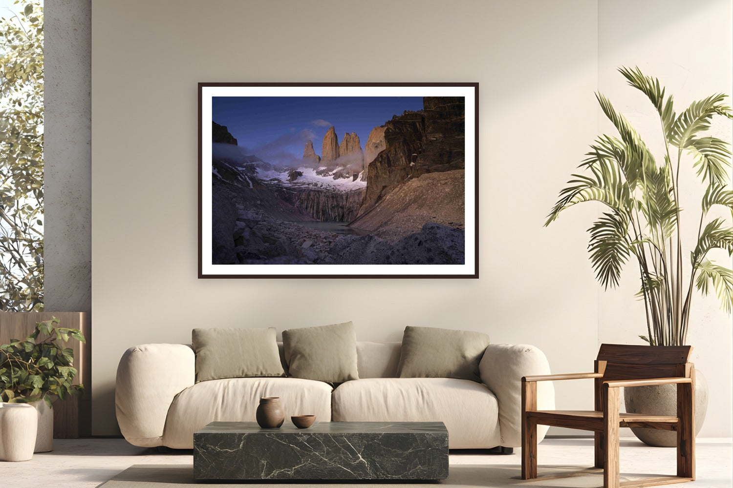 Patagonia Sunrise by Evan Ruderman from Torres Del Paine, Patagonia, Chile - framed black frame fine art photography displayed in a modern living room setting