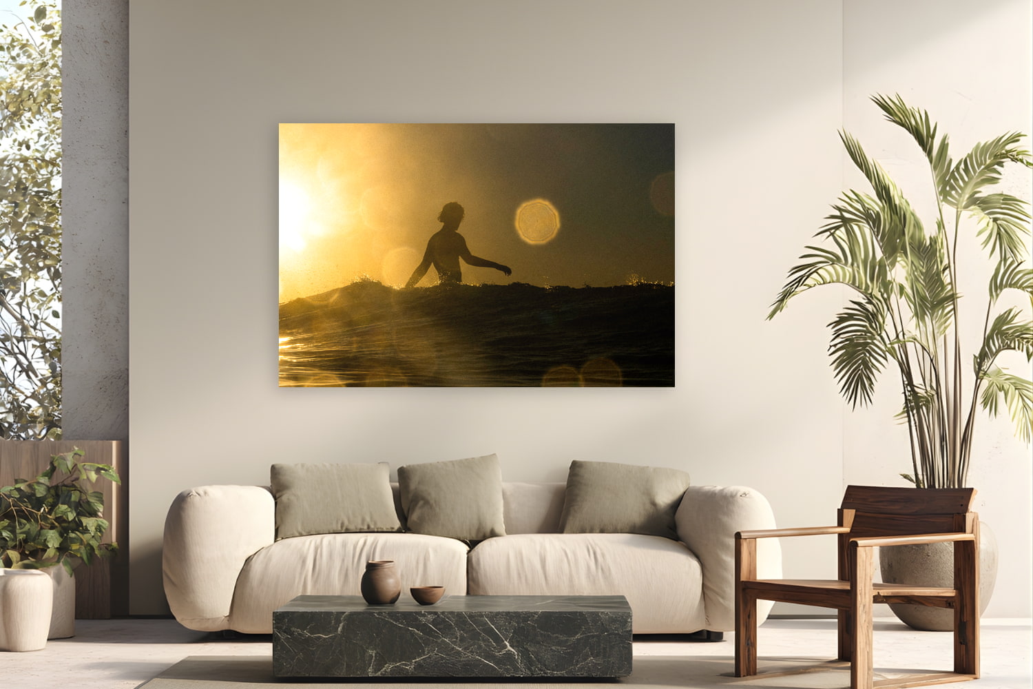 Metal print of Sunscaped by Jeremy Bishop, Malibu, CA, displayed on a modern living room wall — shot from the water at Malibu — the rings of light are saltwater on the housing, backlit by a sun about to drop into the Pacific.
