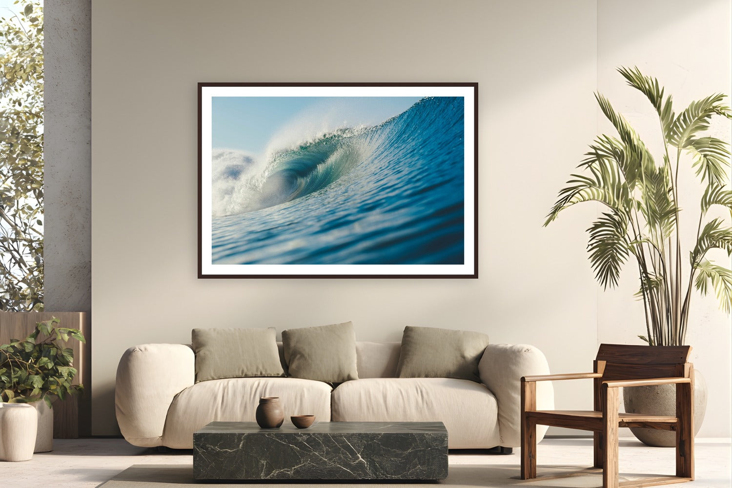 Offshore Sandbar by Luis Ortega from San Diego, CA - framed black frame fine art photography displayed in a modern living room setting