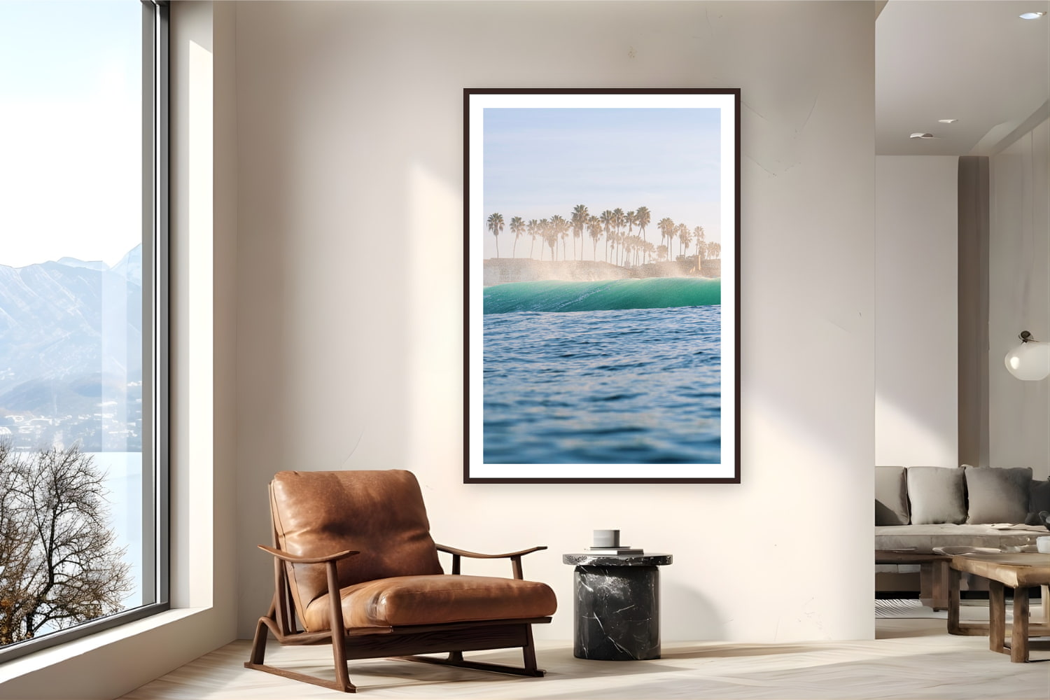 Black wood frame fine art print of Palm Trees and Sea Spray by Luis Ortega, San Diego, California, displayed on a reading nook wall — a clean shore break off a San Diego beach, palms catching the salt spray.