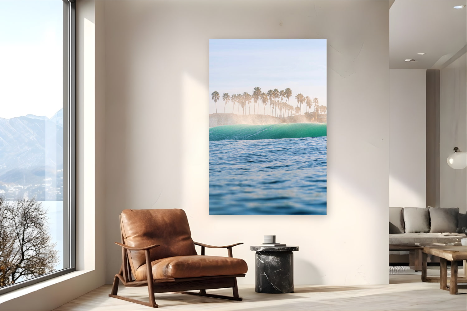 Metal print of Palm Trees and Sea Spray by Luis Ortega, San Diego, California, displayed on a reading nook wall — a clean shore break off a San Diego beach, palms catching the salt spray.