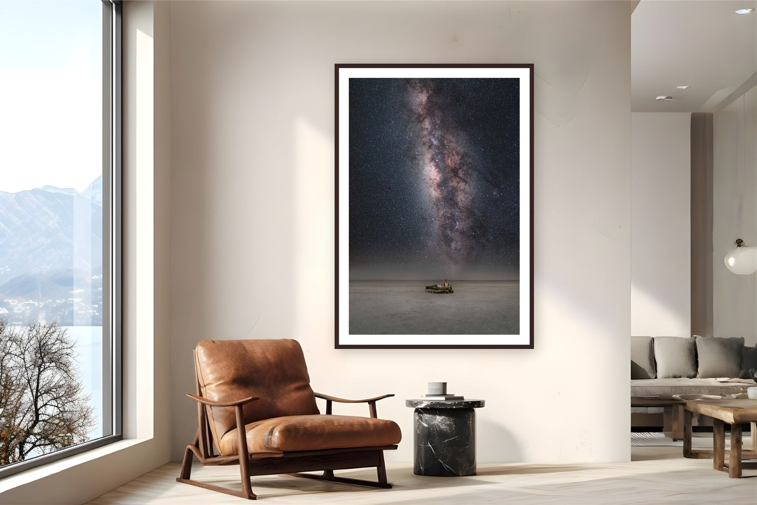 Between Worlds by Max Dickson from Makgadikgadi Salt Pans, Botswana - framed black frame fine art photography displayed in a reading nook setting