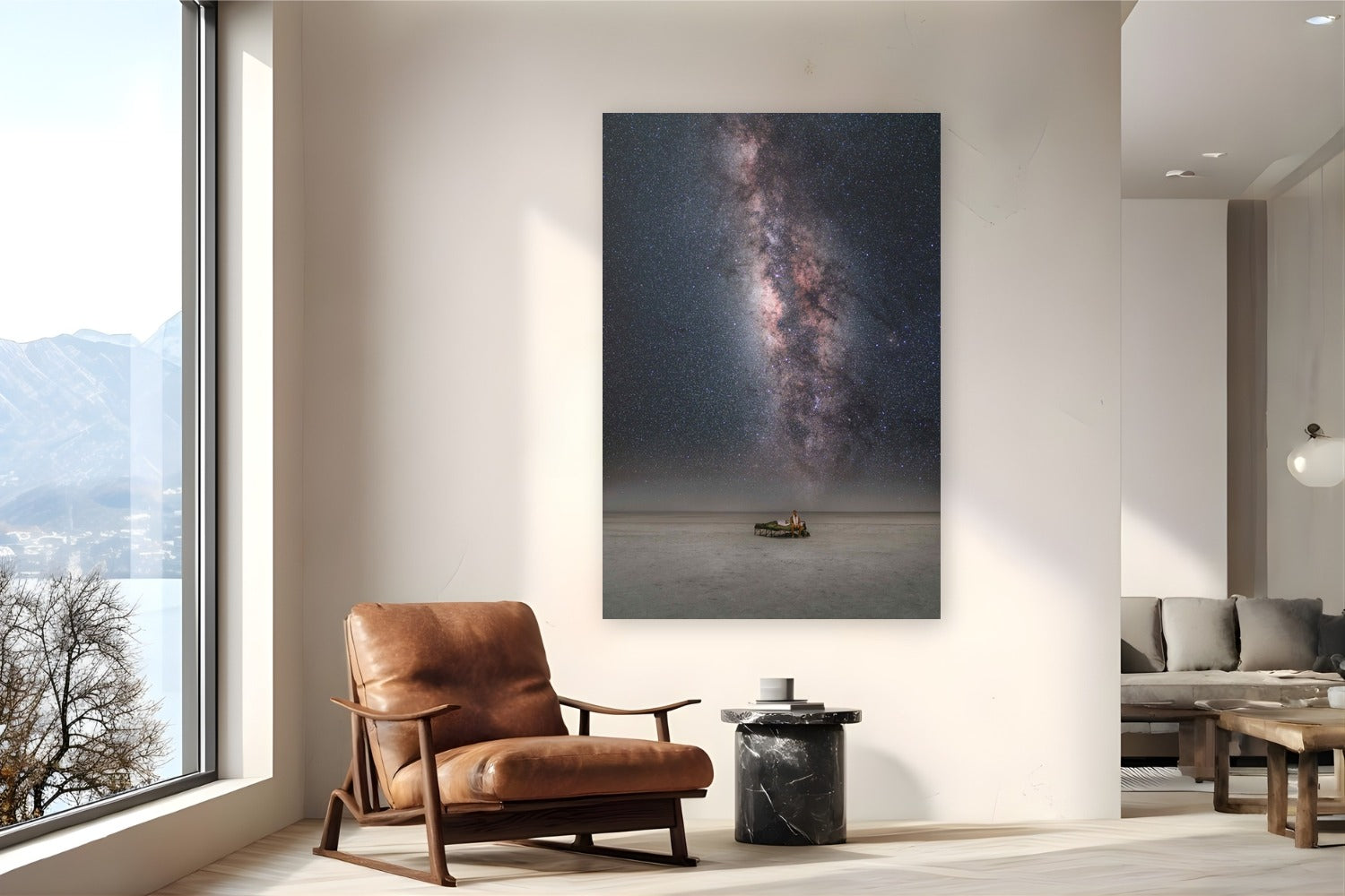 Between Worlds by Max Dickson from Makgadikgadi Salt Pans, Botswana - metal print fine art photography displayed in a reading nook setting