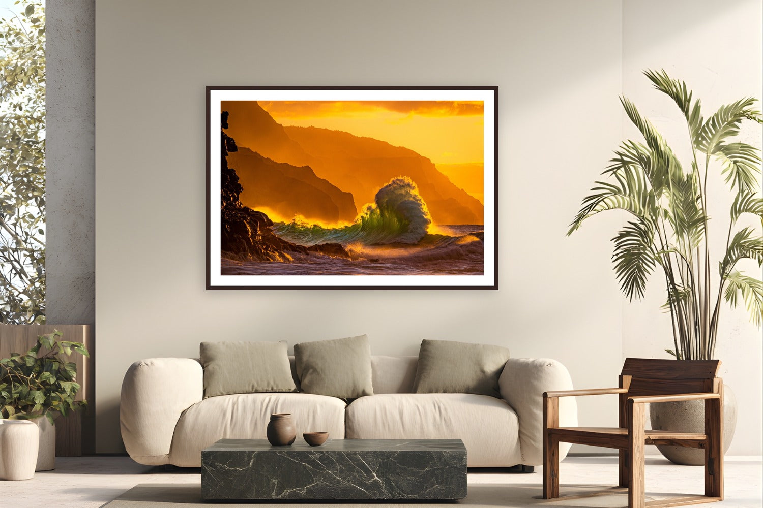 Kai Hāwanawana by Natalie Nishioka from Kaua'i, Hawai'i - framed black frame fine art photography displayed in a modern living room setting