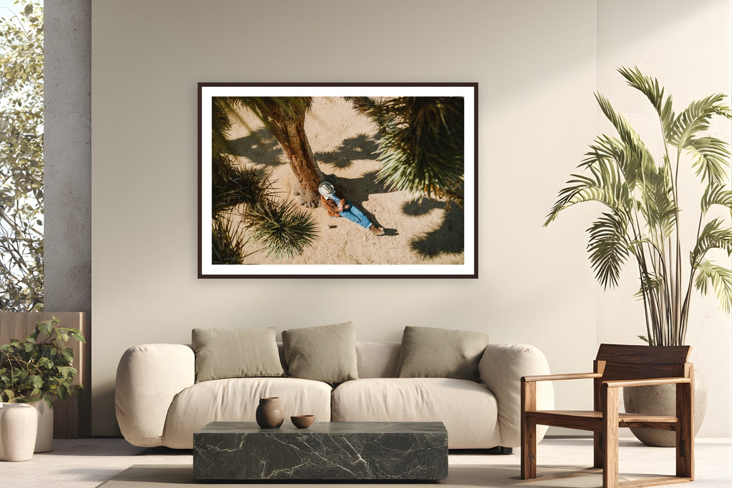 Cowboy Nap by Ryan Valasek from Joshua Tree, California - framed black frame fine art photography displayed in a modern living room setting