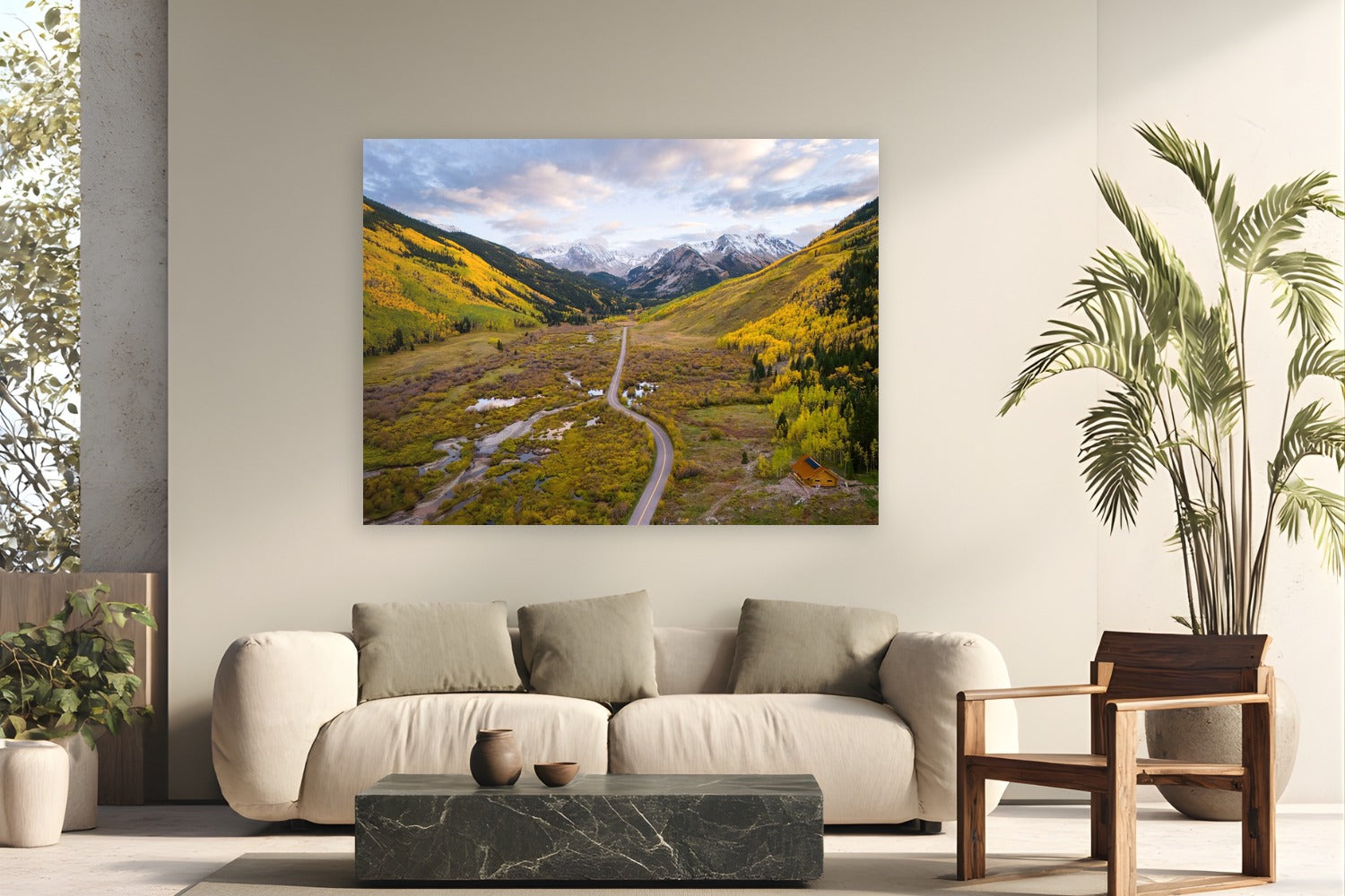 When Mountains Dream in Gold by Sam Ferguson from Ashcroft, Colorado - metal print fine art photography displayed in a modern living room setting