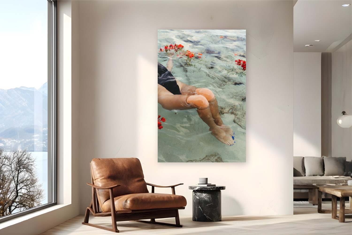 Metal print of Mermaid Tail by Sarah Swan, St. John, USVI, displayed on a reading nook wall — bougainvillea floating in the shallows of St. John on an early summer morning.