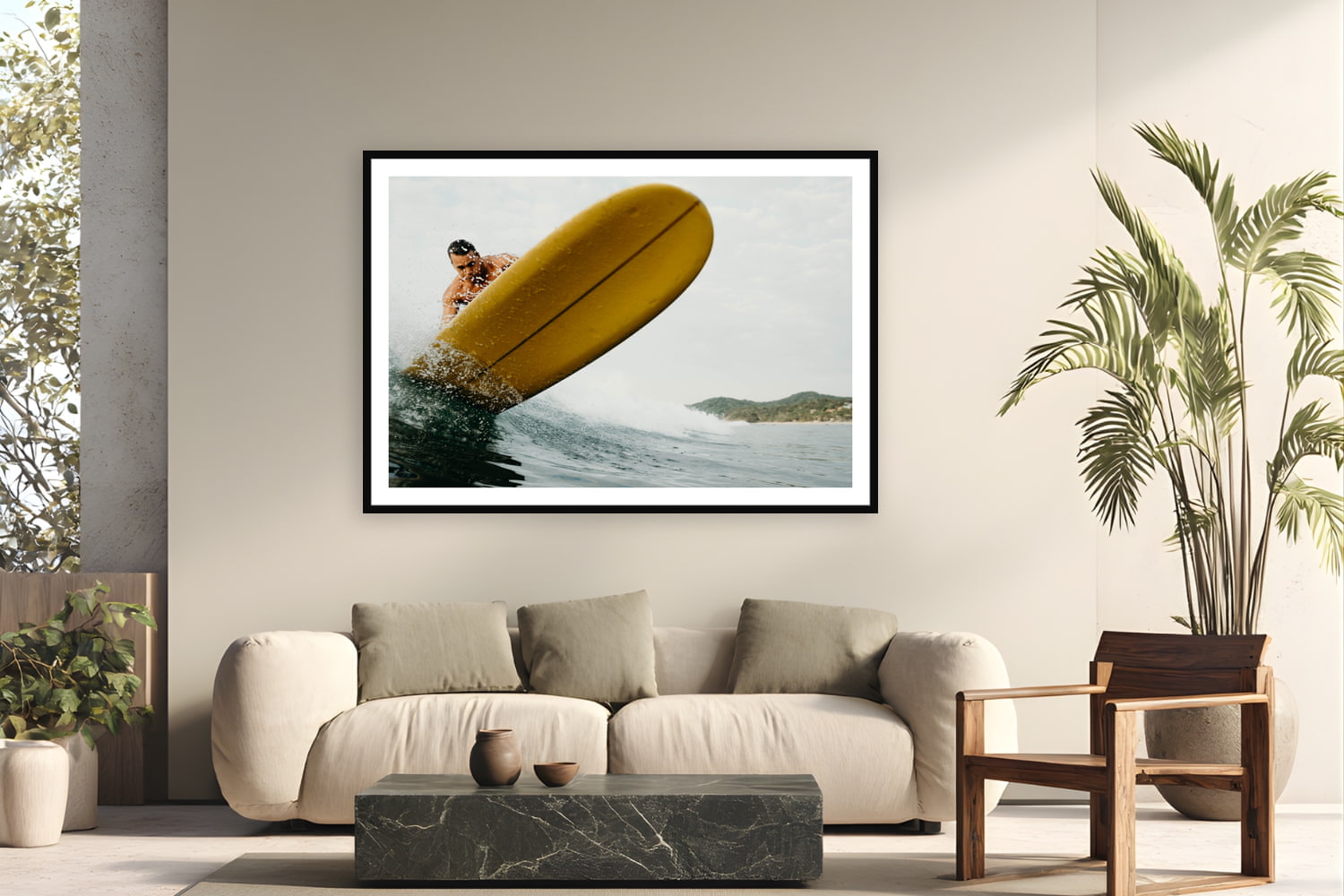 Black wood frame fine art print of Stinger by Sarah Swan, Mexico, displayed on a modern living room wall — a yellow longboard swinging straight at the camera during an afternoon free surf at the Mexi Log Fest in Mexico.