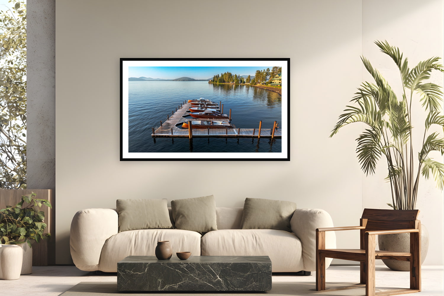 Black wood frame fine art print of Tied Up by Stancraft, Lake Coeur d'Alene, Idaho, displayed on a modern living room wall — stancraft builds fewer than ten wooden boats a year, each one shaped from African mahogany and finished with sixteen coats of hand-buffed varnish.