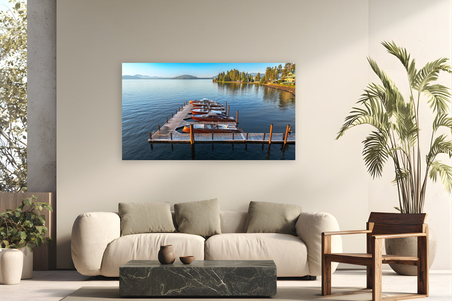 Metal print of Tied Up by Stancraft, Lake Coeur d'Alene, Idaho, displayed on a modern living room wall — stancraft builds fewer than ten wooden boats a year, each one shaped from African mahogany and finished with sixteen coats of hand-buffed varnish.