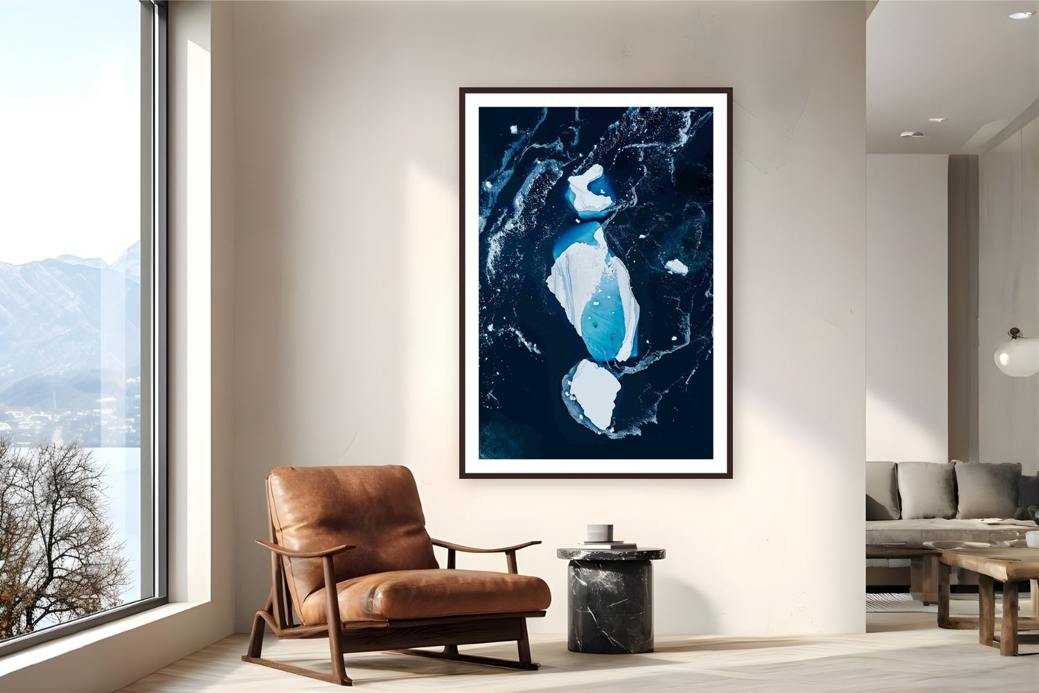 Anatomy of Ice by Tamara Susa from Antarctica - framed black frame fine art photography displayed in a reading nook setting