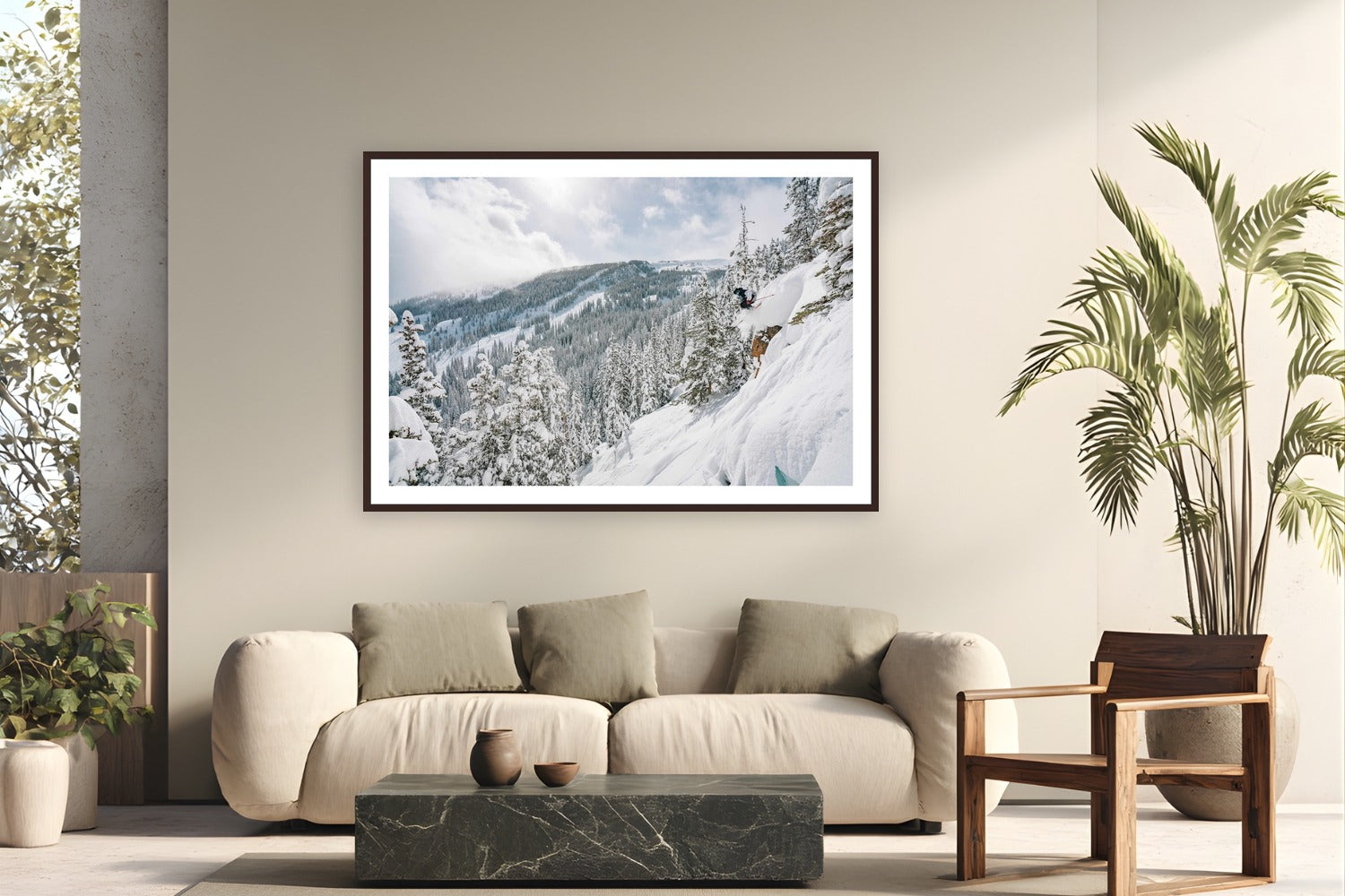 Pow Day by Tamara Susa from Snowmass, Colorado - framed black frame fine art photography displayed in a modern living room setting