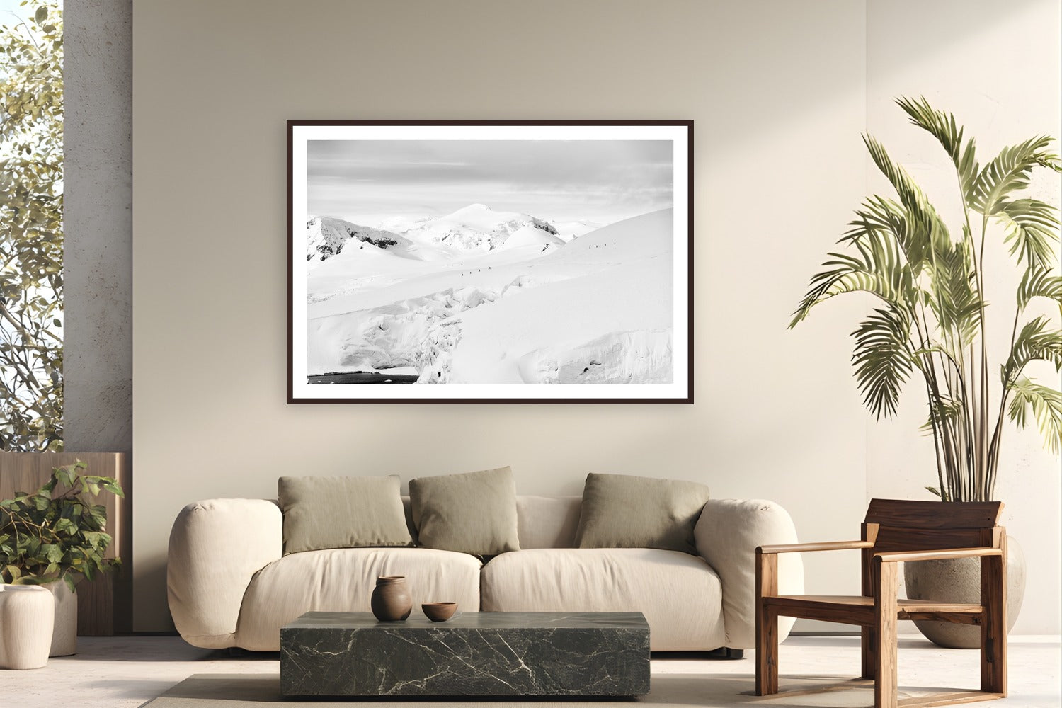 Silent Traverse by Tamara Susa from Antarctica - framed black frame fine art photography displayed in a modern living room setting