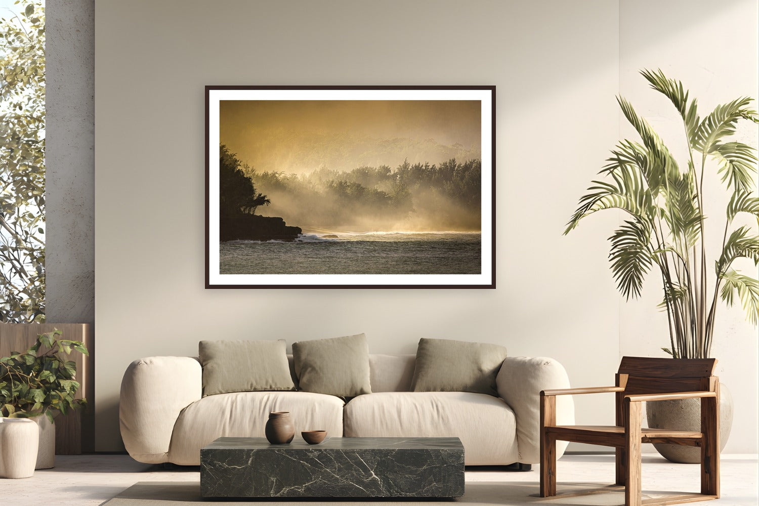 Looking At Lumahai by The Pickled Image from Lumahai, Kaua'i - framed black frame fine art photography displayed in a modern living room setting