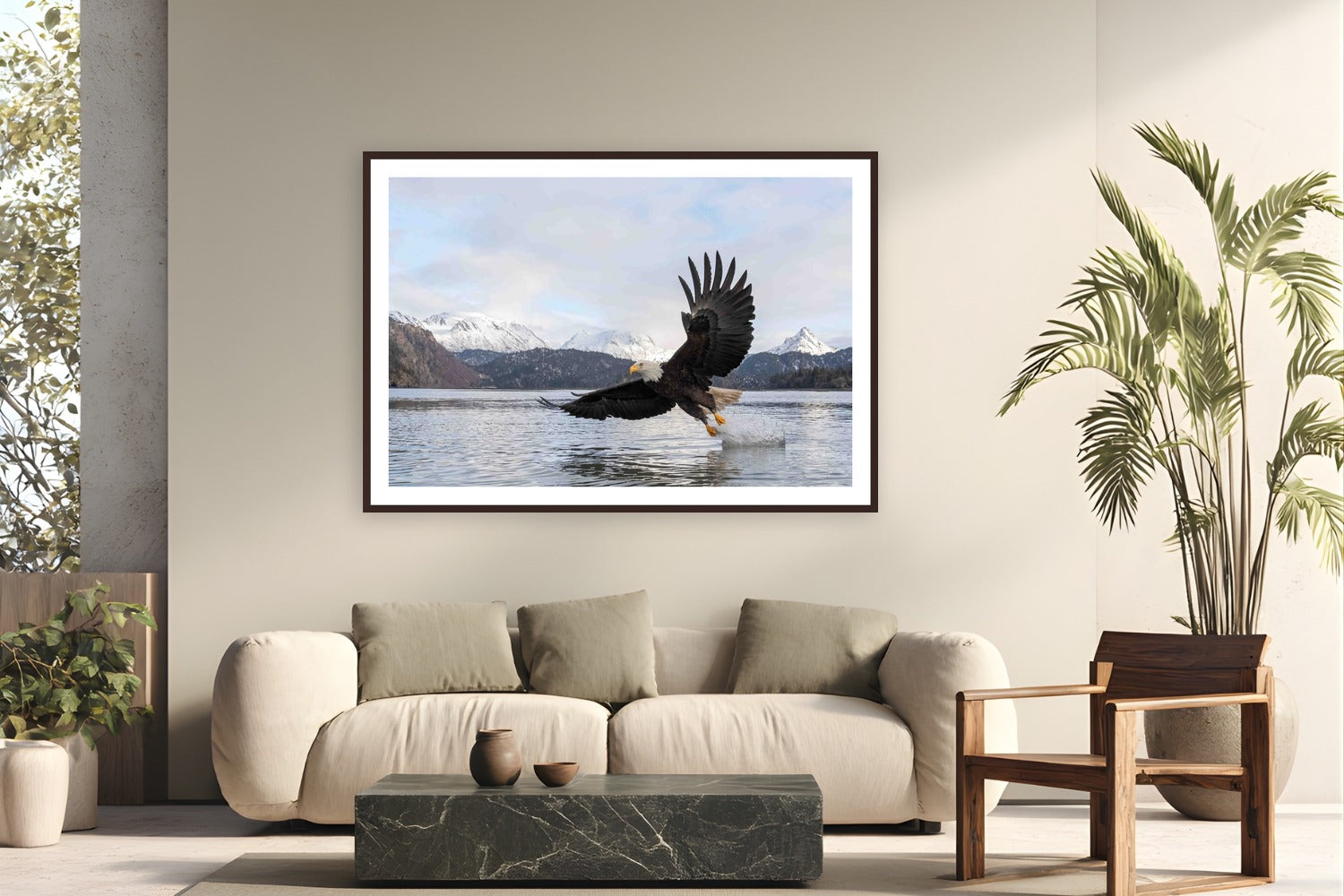 Bald Eagle by Tom Ingram from Homer, Alaska - framed black frame fine art photography displayed in a modern living room setting