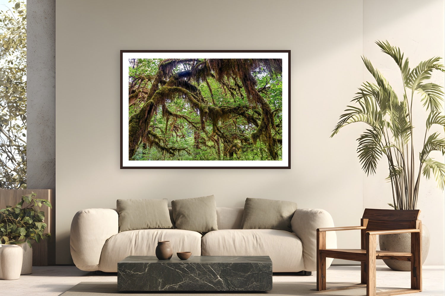 Cathedral of Moss by Tom Ingram from Olympic National Park, Washington - framed black frame fine art photography displayed in a modern living room setting