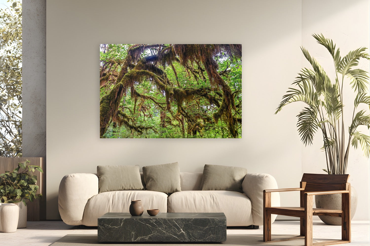 Cathedral of Moss by Tom Ingram from Olympic National Park, Washington - metal print fine art photography displayed in a modern living room setting