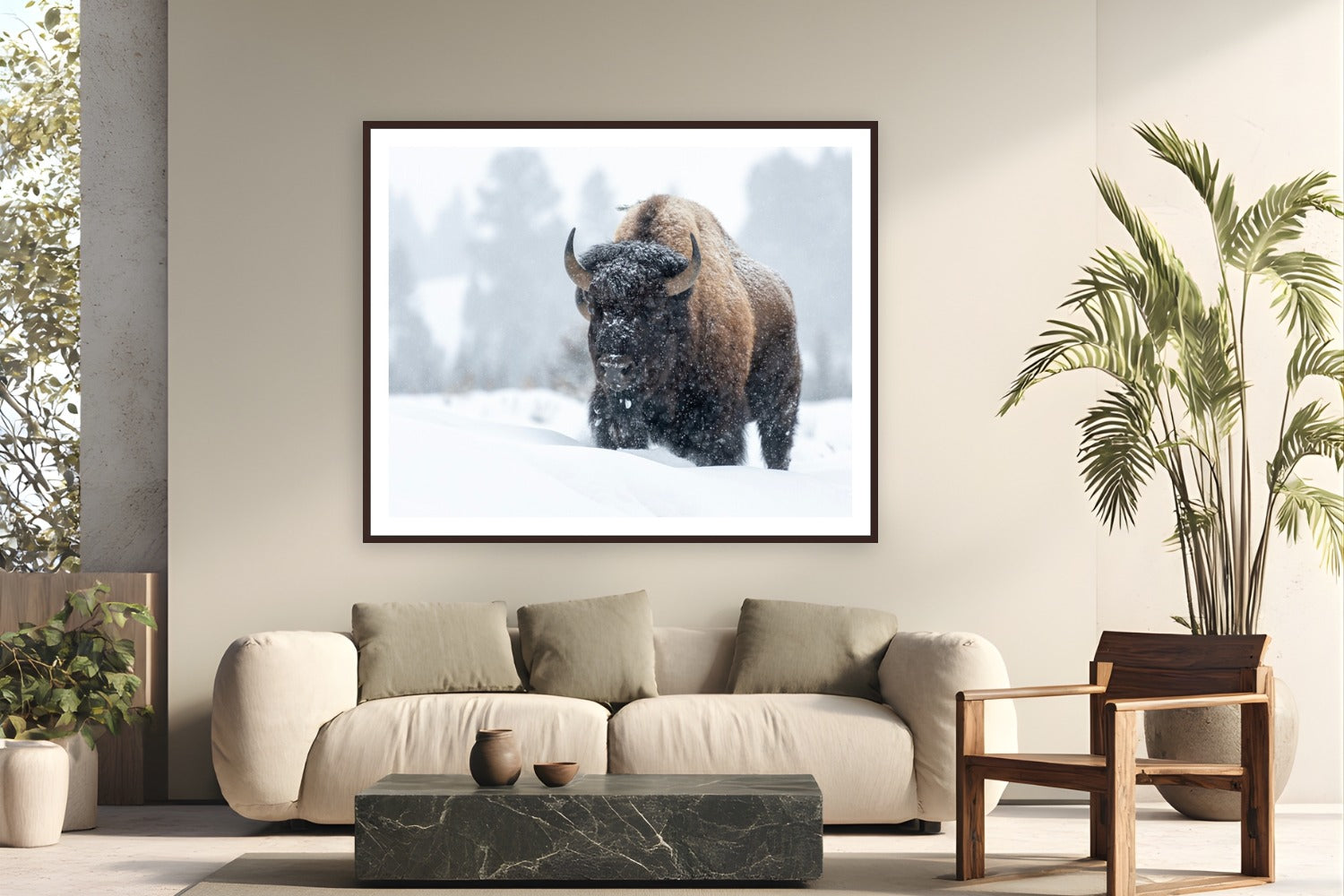 Frosted Guardian by Tom Ingram from Yellowstone National Park, Wyoming - framed black frame fine art photography displayed in a modern living room setting