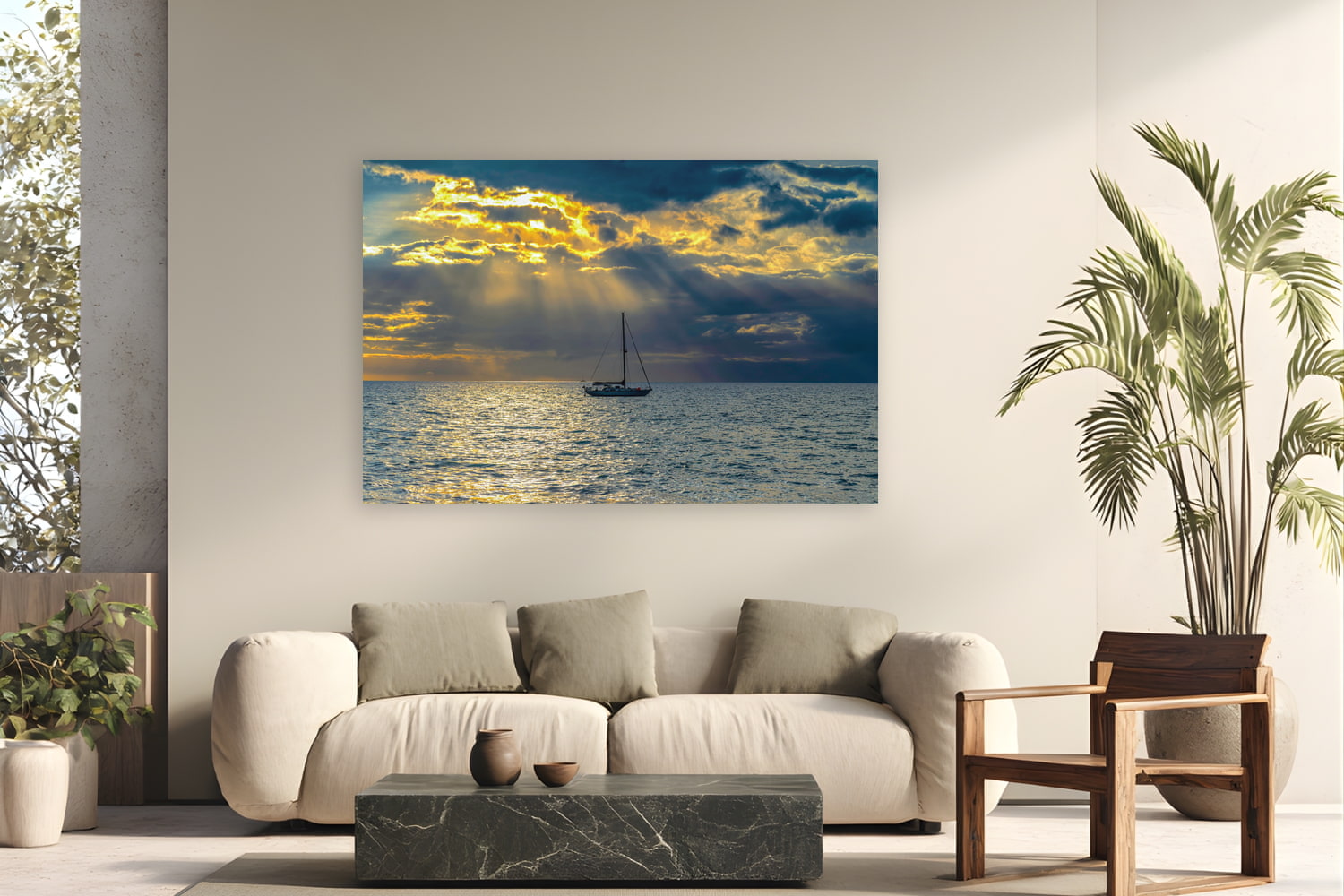 Metal print of Hawaiian Sunset by Tom Ingram, Maui, Hawai'i, displayed on a modern living room wall — sunset on the ʻAuʻau Channel between Maui and Lānaʻi — 'ʻauʻau' is Hawaiian for 'to take a bath,' a name earned by the channel's bathtub calm.