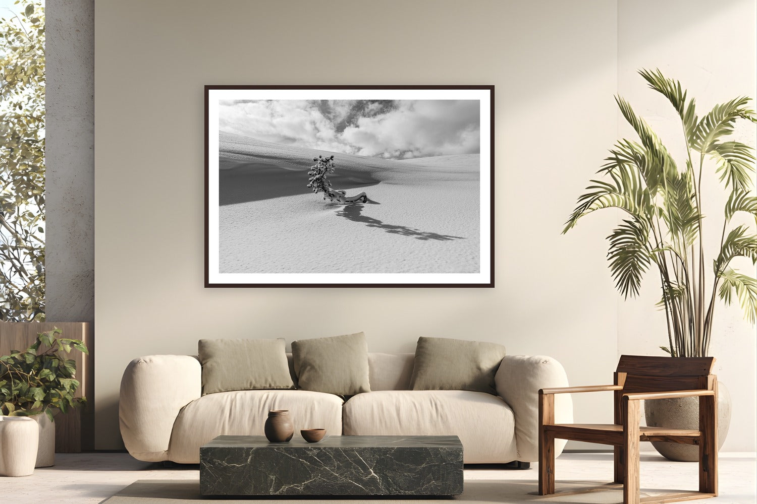 Lone Tree by Tom Ingram from Hayden Valley, Yellowstone National Park - framed black frame fine art photography displayed in a modern living room setting