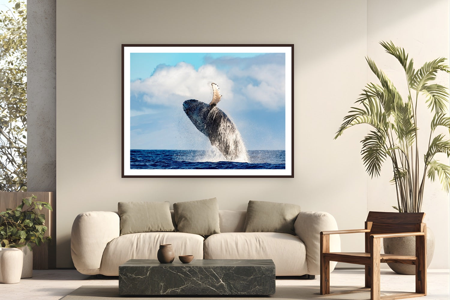 Ocean Acrobat by Tom Ingram from Maui, Hawai'i - framed black frame fine art photography displayed in a modern living room setting