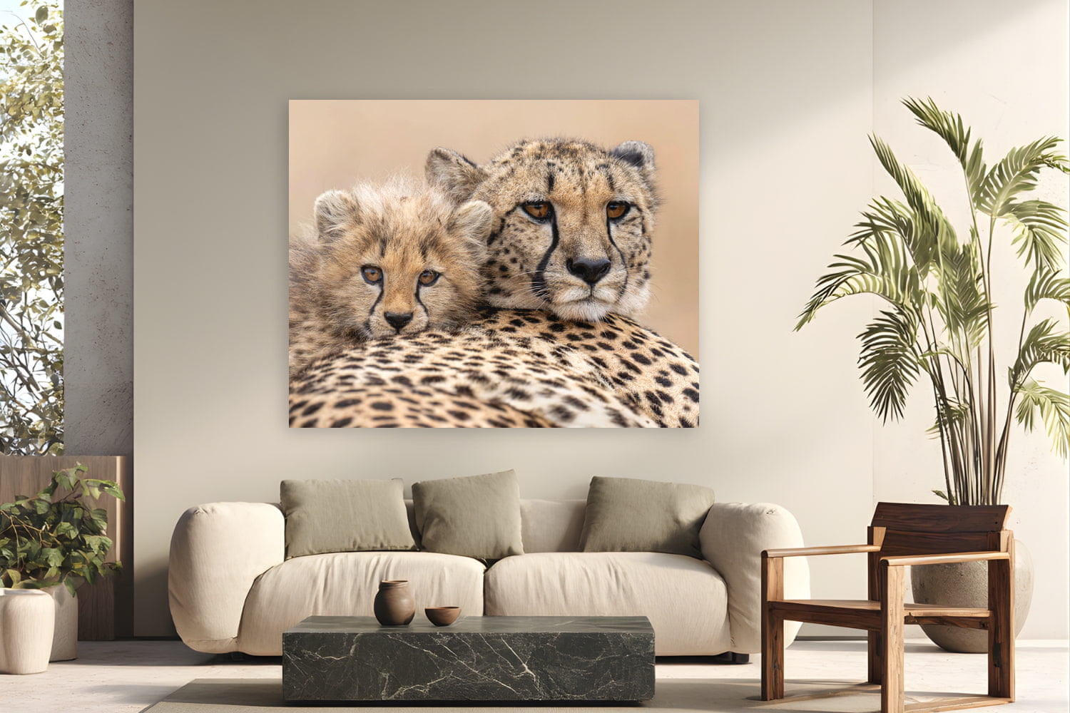 Metal print of Side by Side by Tom Ingram, Zimanga Private Game Reserve, South Africa, displayed on a modern living room wall — a cheetah mother and cub, cheek to cheek, at Zimanga Private Game Reserve in Zululand.
