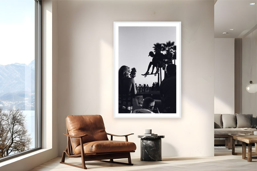 Flight Patterns by Adam Sherrett from Venice Beach, CA - white frame fine art photography displayed in a reading nook setting