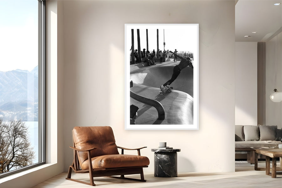 Sunset Slide by Adam Sherrett from Venice Beach, CA - white frame fine art photography displayed in a reading nook setting