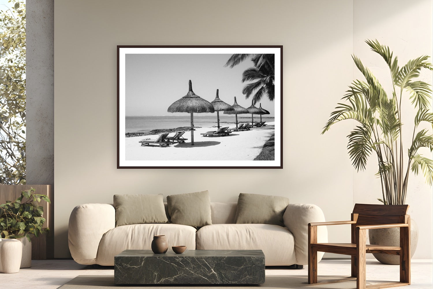 Island Time by Alex Wood from Pointe de Flacq, Mauritius - framed black frame fine art photography displayed in a modern living room setting