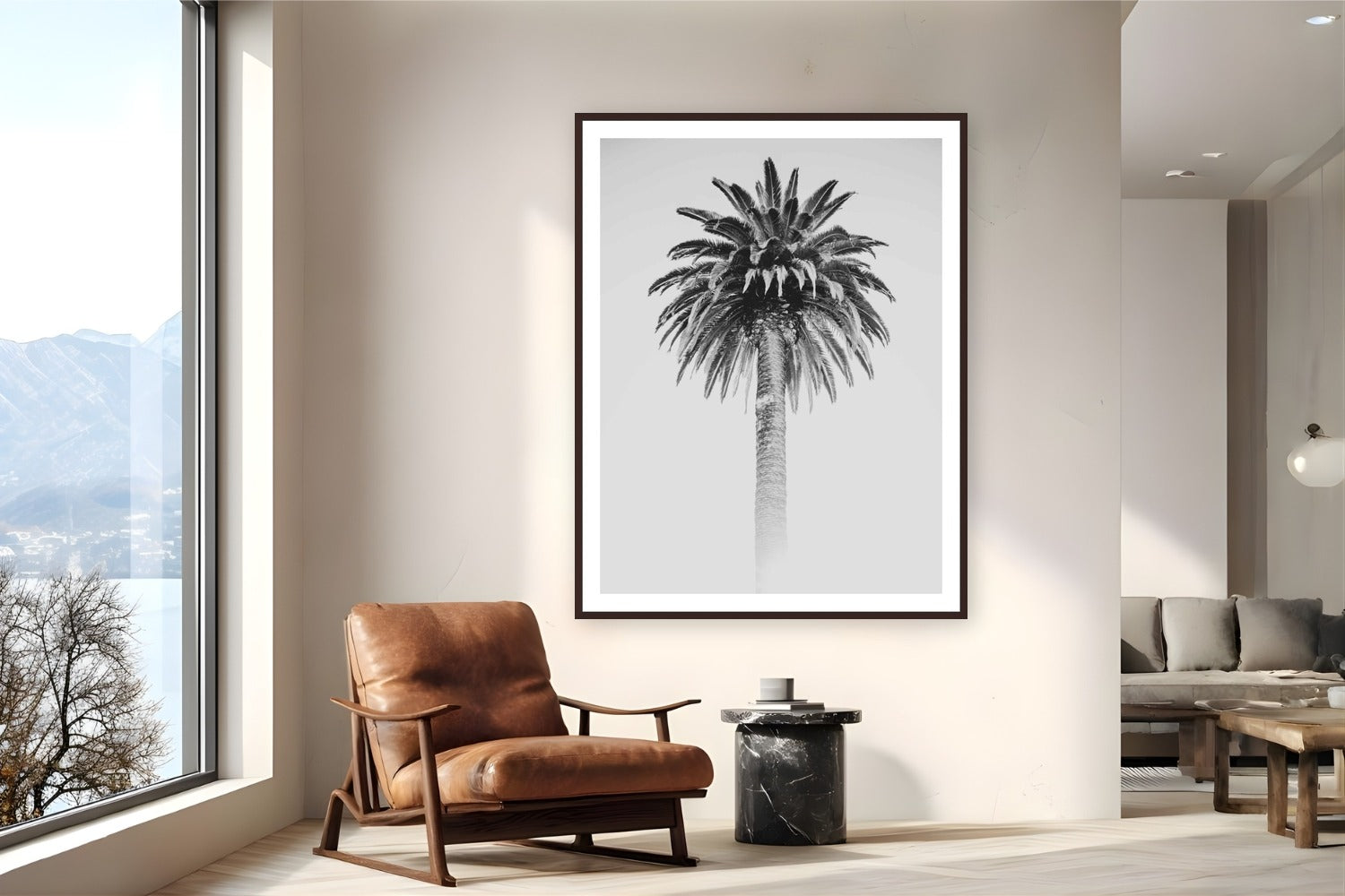 Retro Palm by Alex Wood from Santa Monica, California - framed black frame fine art photography displayed in a reading nook setting