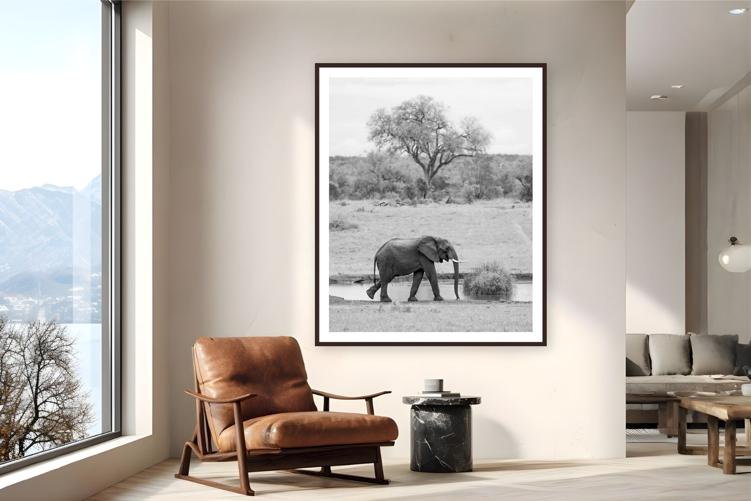 Watering Hole by Alex Wood from Sabi Sands Game Reserve, South Africa - framed black frame fine art photography displayed in a reading nook setting