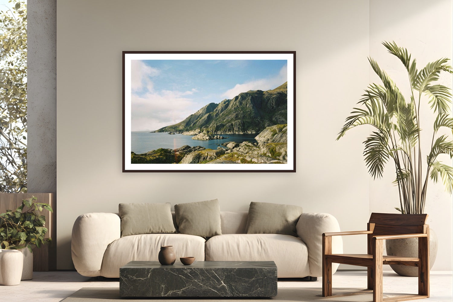 Evan Ruderman by Arctic Summer from Lofoten, Norway - framed black frame fine art photography displayed in a modern living room setting