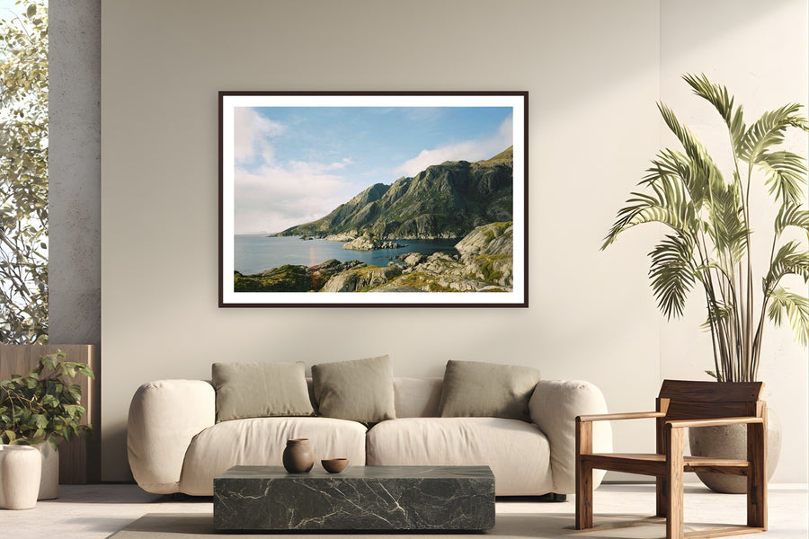 Evan Ruderman by Arctic Summer from Lofoten, Norway - framed black frame fine art photography displayed in a modern living room setting