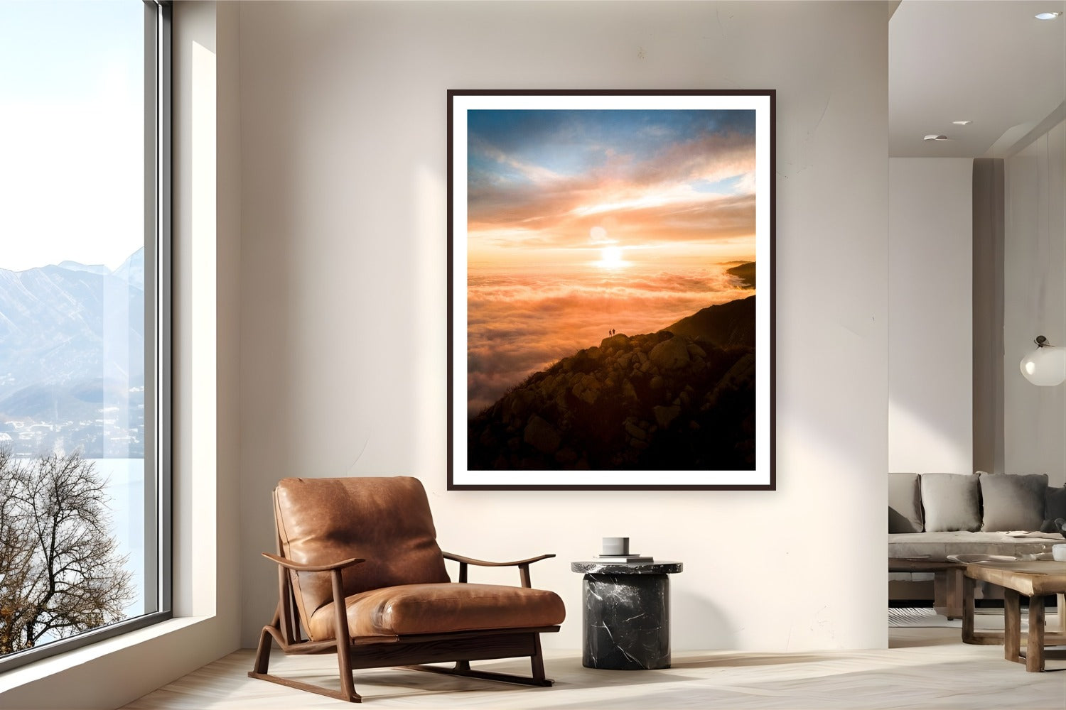 Above The Clouds by Arthur Girard from Arlington Peak, California - framed black frame fine art photography displayed in a reading nook setting