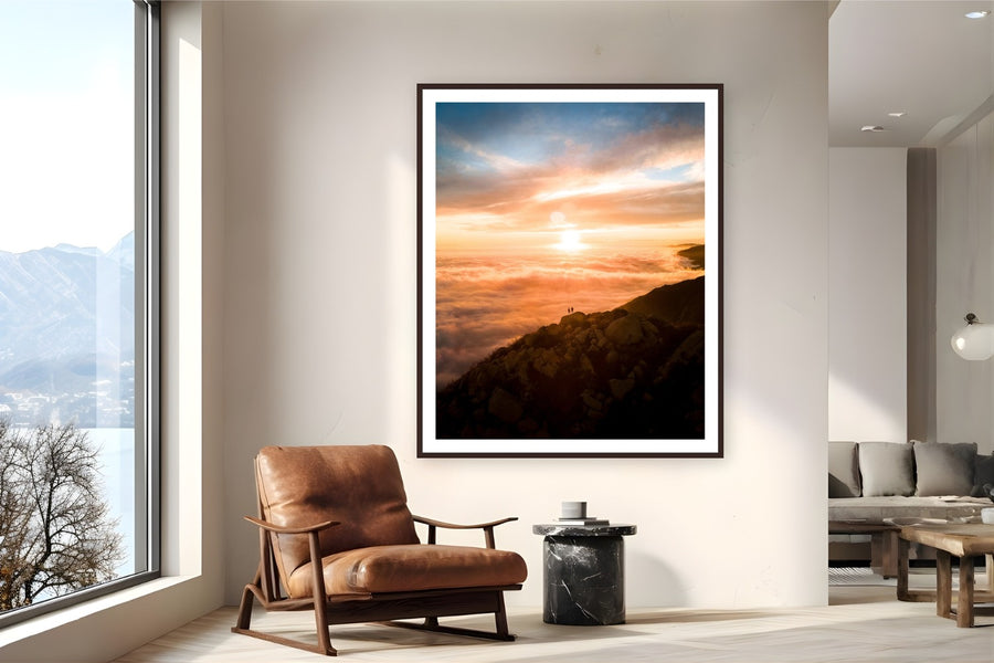 Above The Clouds by Arthur Girard from Arlington Peak, California - framed black frame fine art photography displayed in a reading nook setting